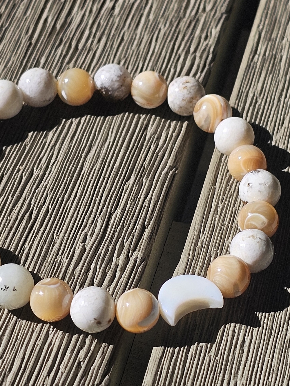 Beige & White Moonstone Beaded Bracelet